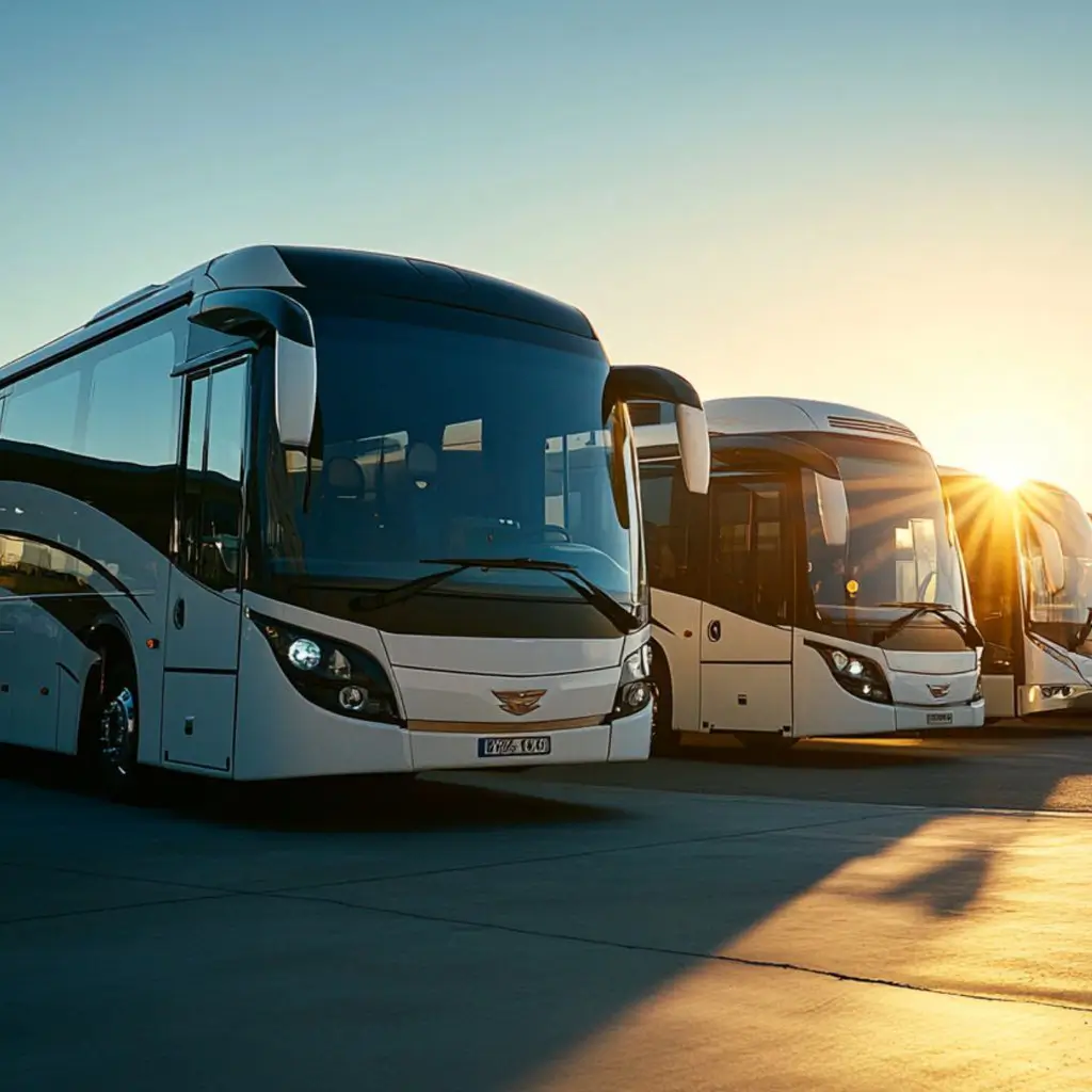 Una fila di autobus moderni e di lusso, bianchi con dettagli neri, parcheggiati su una superficie asfaltata. Il sole al tramonto crea un'illuminazione calda e riflessi dorati sulla carrozzeria, proiettando lunghe ombre sul terreno. L'atmosfera è serena e professionale.