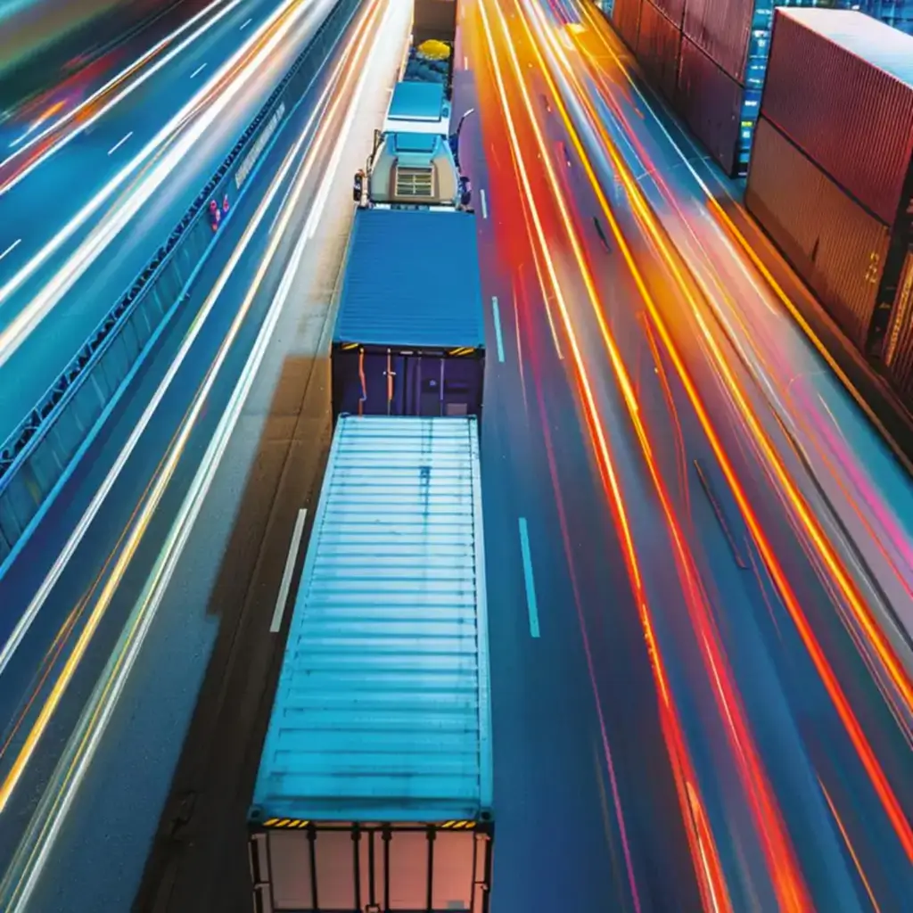 Vista dall’alto di una strada con camion container fermi nella corsia centrale, mentre le corsie adiacenti mostrano scie luminose di veicoli in movimento.