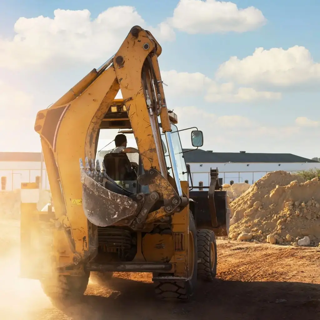 Escavatore giallo in un cantiere con un operatore alla guida, sollevando polvere mentre lavora vicino a un cumulo di terra.