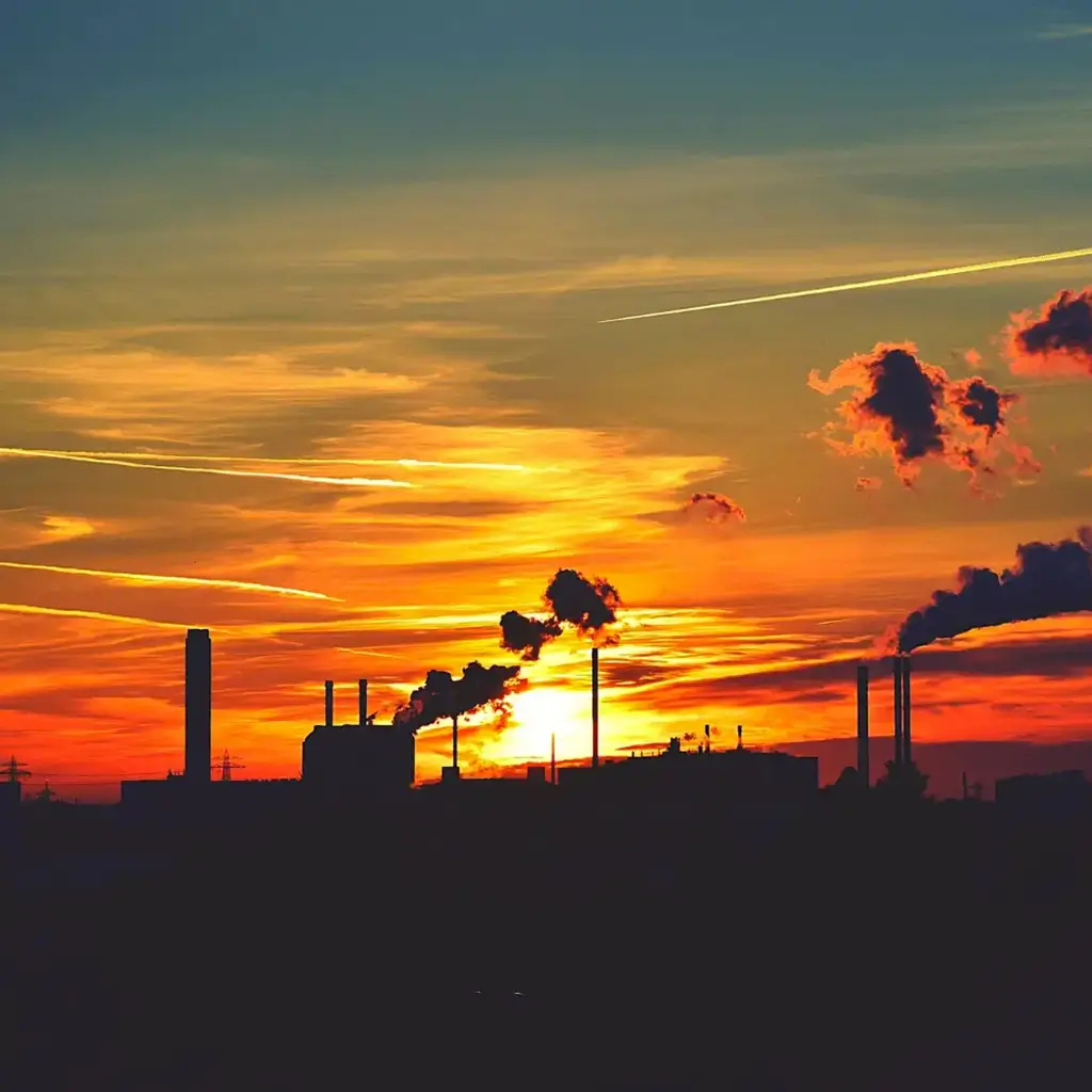 Tramonto su un'area industriale con ciminiere che emettono fumo nell'aria, creando un contrasto tra il cielo dai colori caldi e le sagome scure degli edifici.