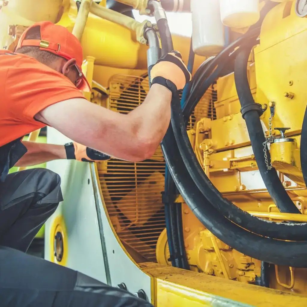 Tecnico in tuta da lavoro e cappello arancione mentre effettua la manutenzione su un macchinario industriale giallo.